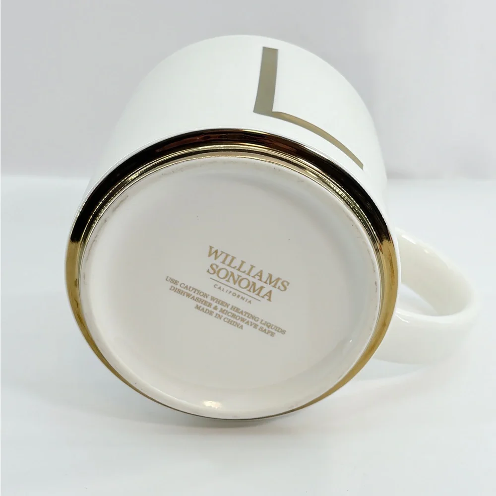 Williams Sonoma White Gold Art Deco Monogrammed “L” Initial Coffee Tea Mug Cup